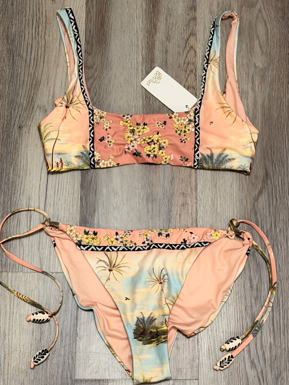 Agua Bendita Peach Floral Palm-Print Bikini